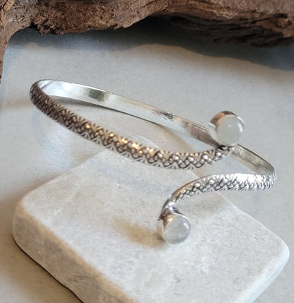 Silver Double Stone Cuff Bracelet: Elegant Minimalist Jewelry
