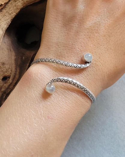 Silver Double Stone Cuff Bracelet: Elegant Minimalist Jewelry