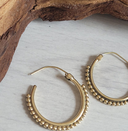 Golden Brass Hoop Earrings: Ornate Detail, Elegant Everyday Wear