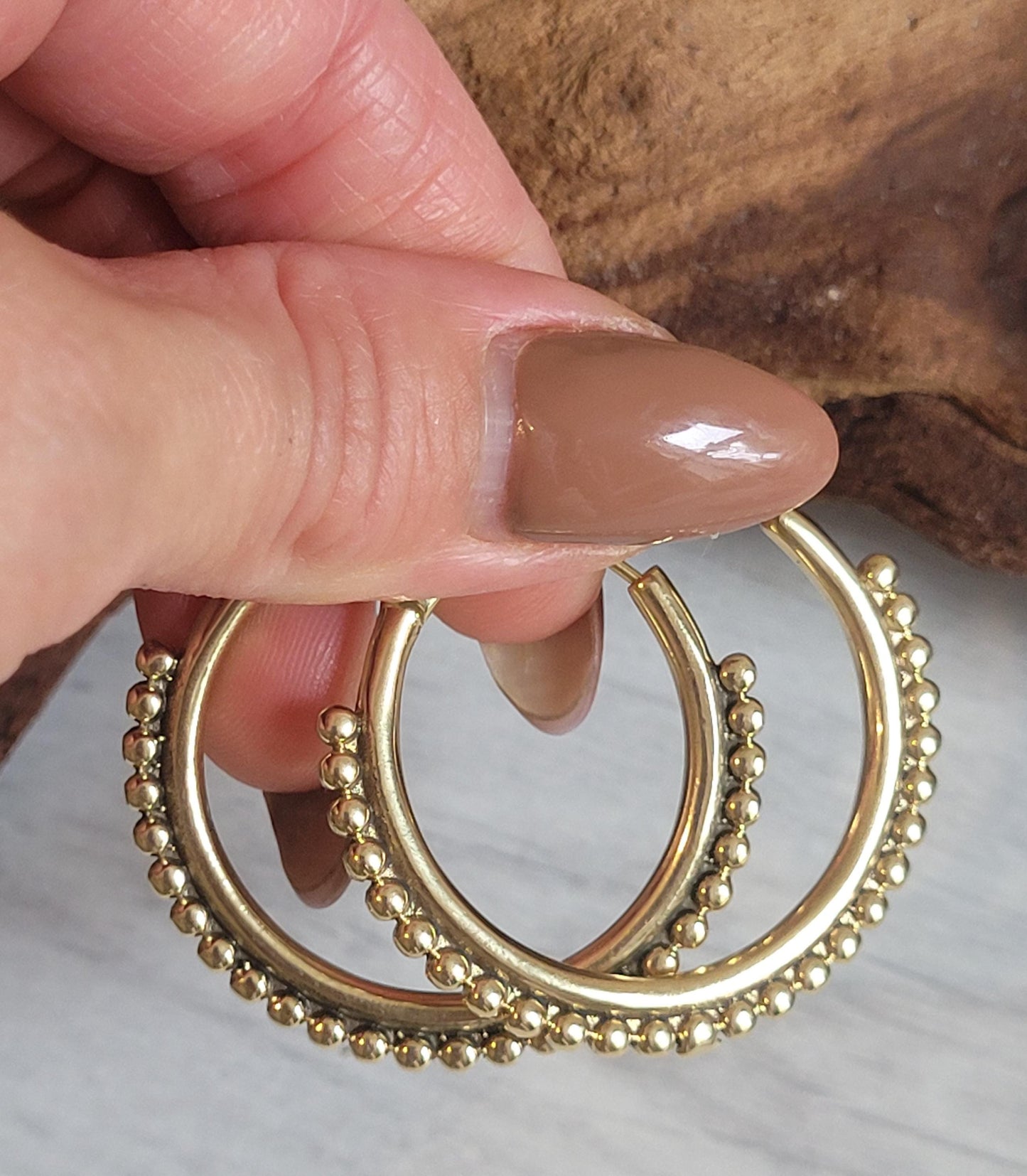 Golden Brass Hoop Earrings: Ornate Detail, Elegant Everyday Wear