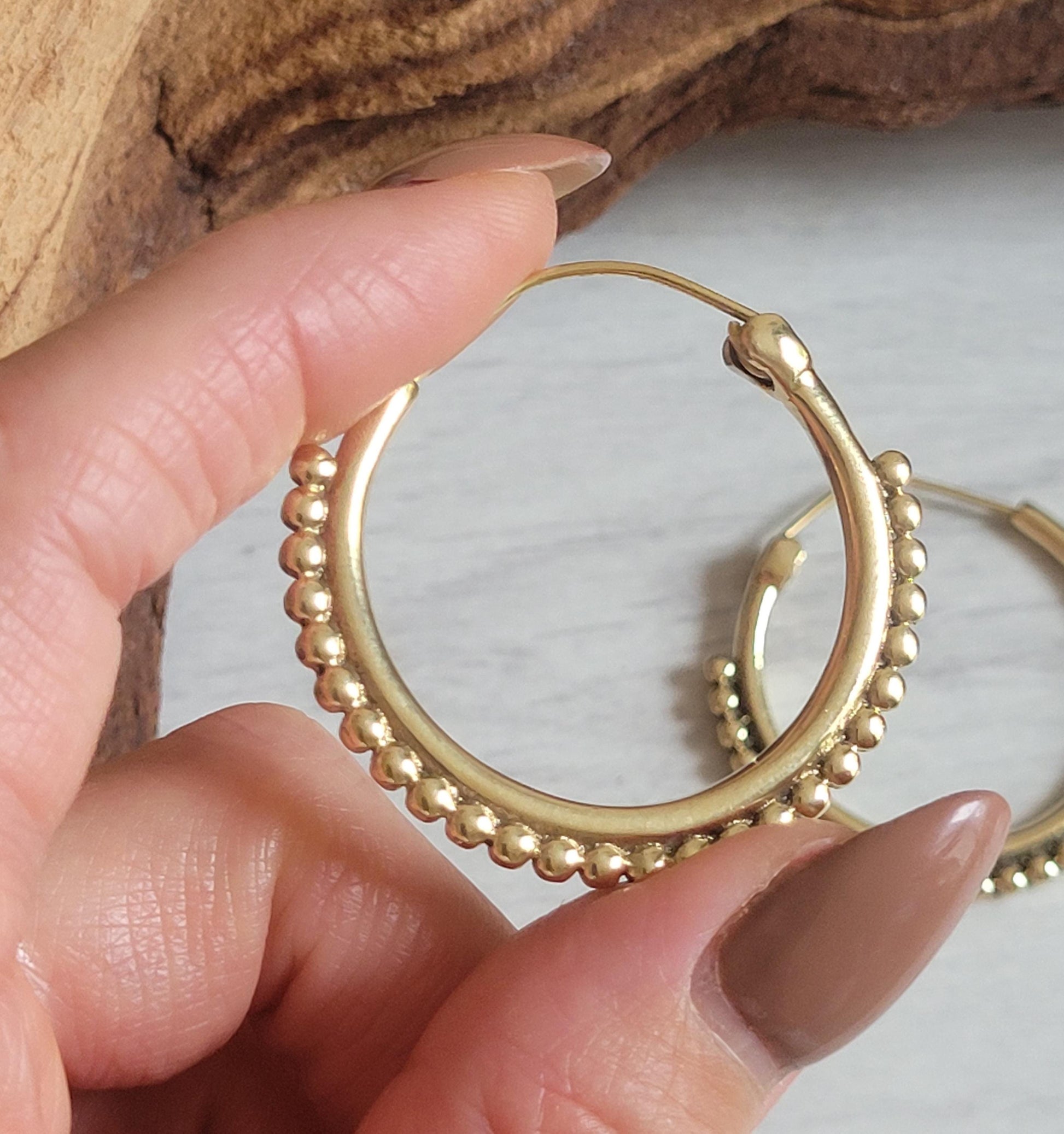 Golden Brass Hoop Earrings: Ornate Detail, Elegant Everyday Wear