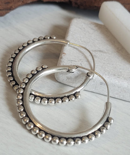 Ornate Silver Plated Hoop Earrings: Elegant Ethnic Design