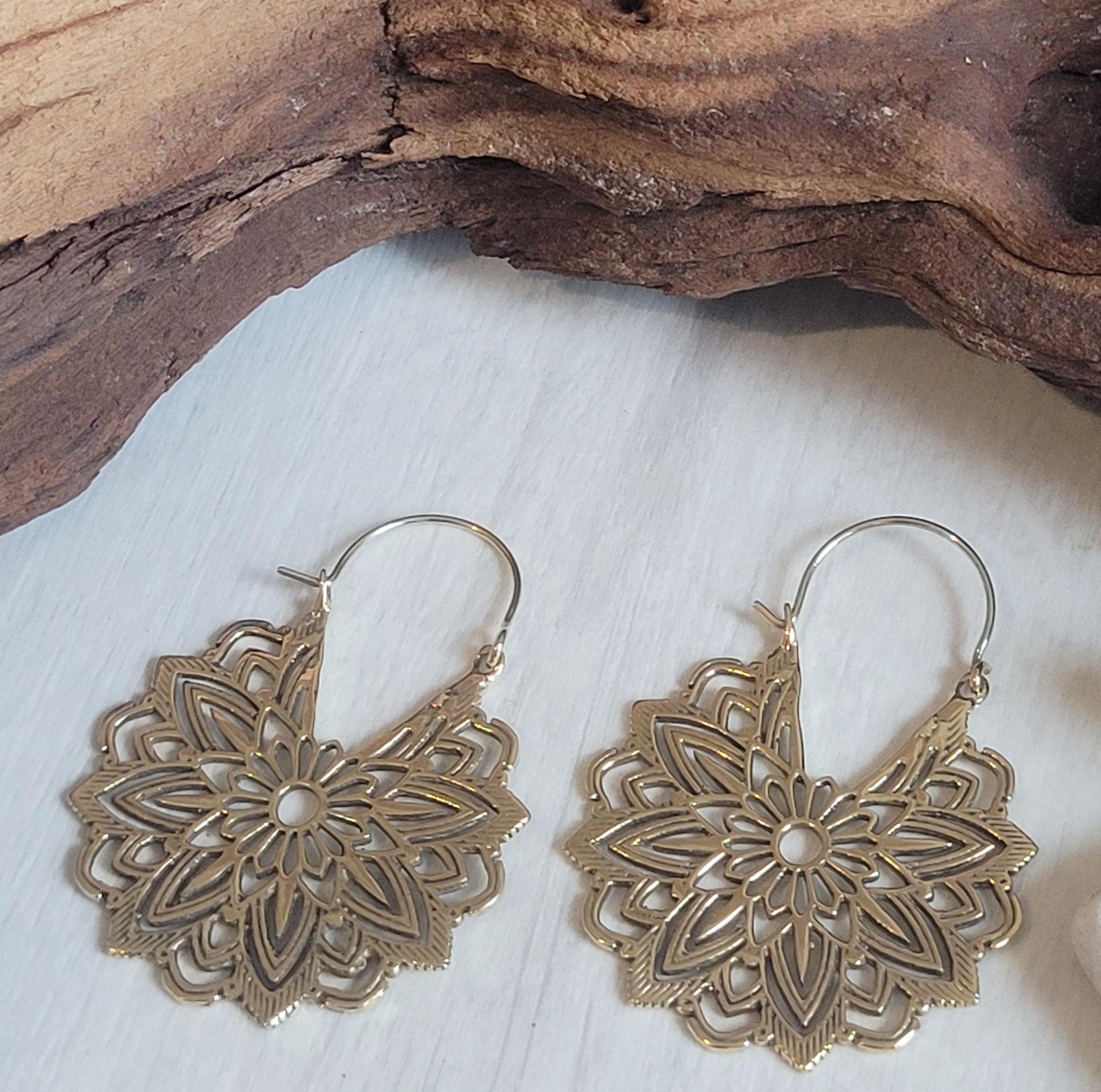 Gold Brass Flower Earrings: Boho Mandala Jewelry / Gift for her
