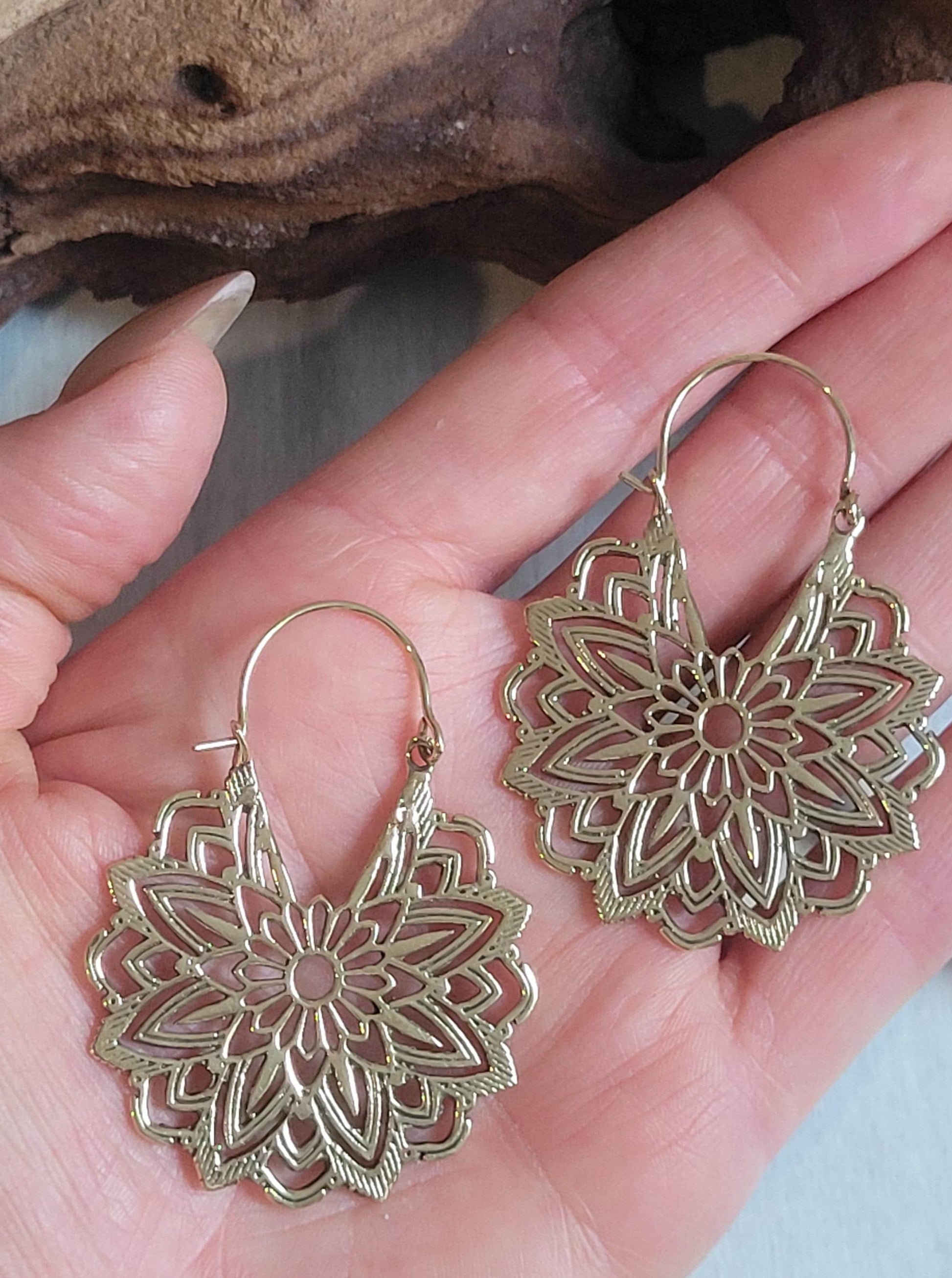 Gold Brass Flower Earrings: Boho Mandala Jewelry / Gift for her