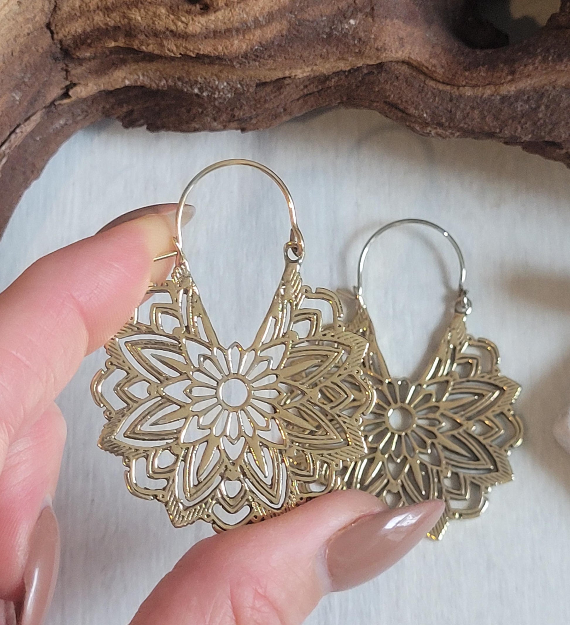 Gold Brass Flower Earrings: Boho Mandala Jewelry / Gift for her