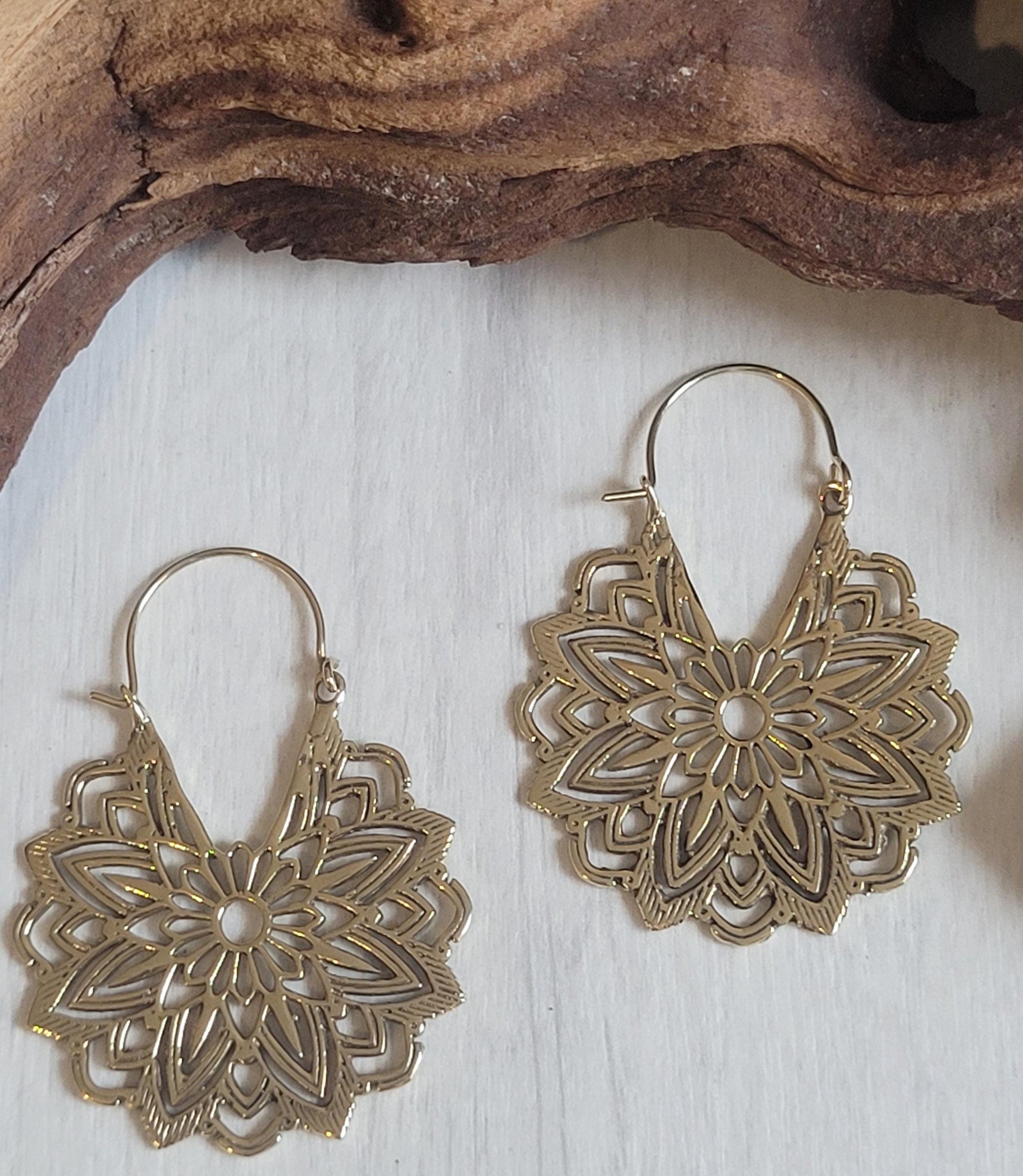 Gold Brass Flower Earrings: Boho Mandala Jewelry / Gift for her