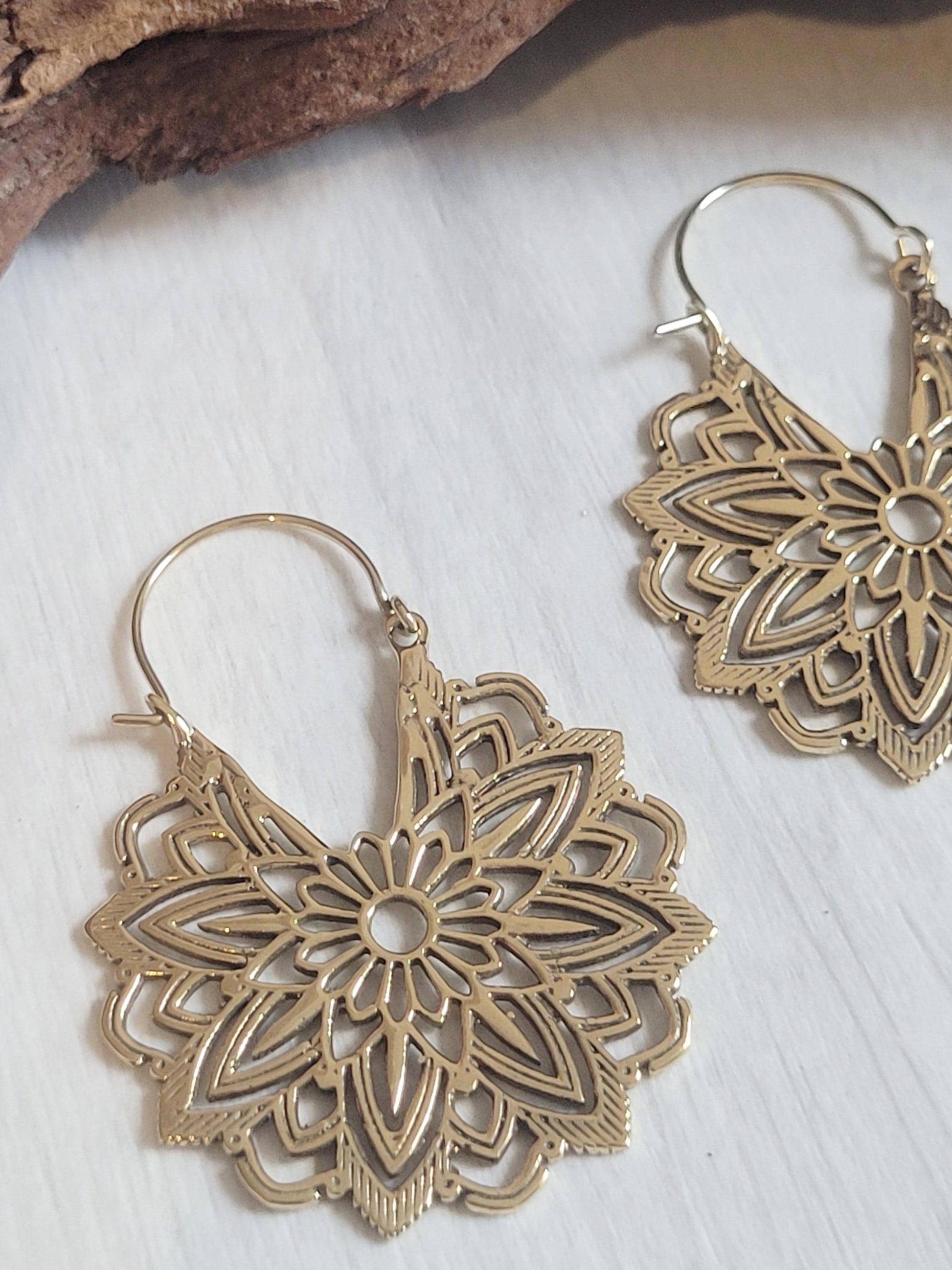 Gold Brass Flower Earrings: Boho Mandala Jewelry / Gift for her