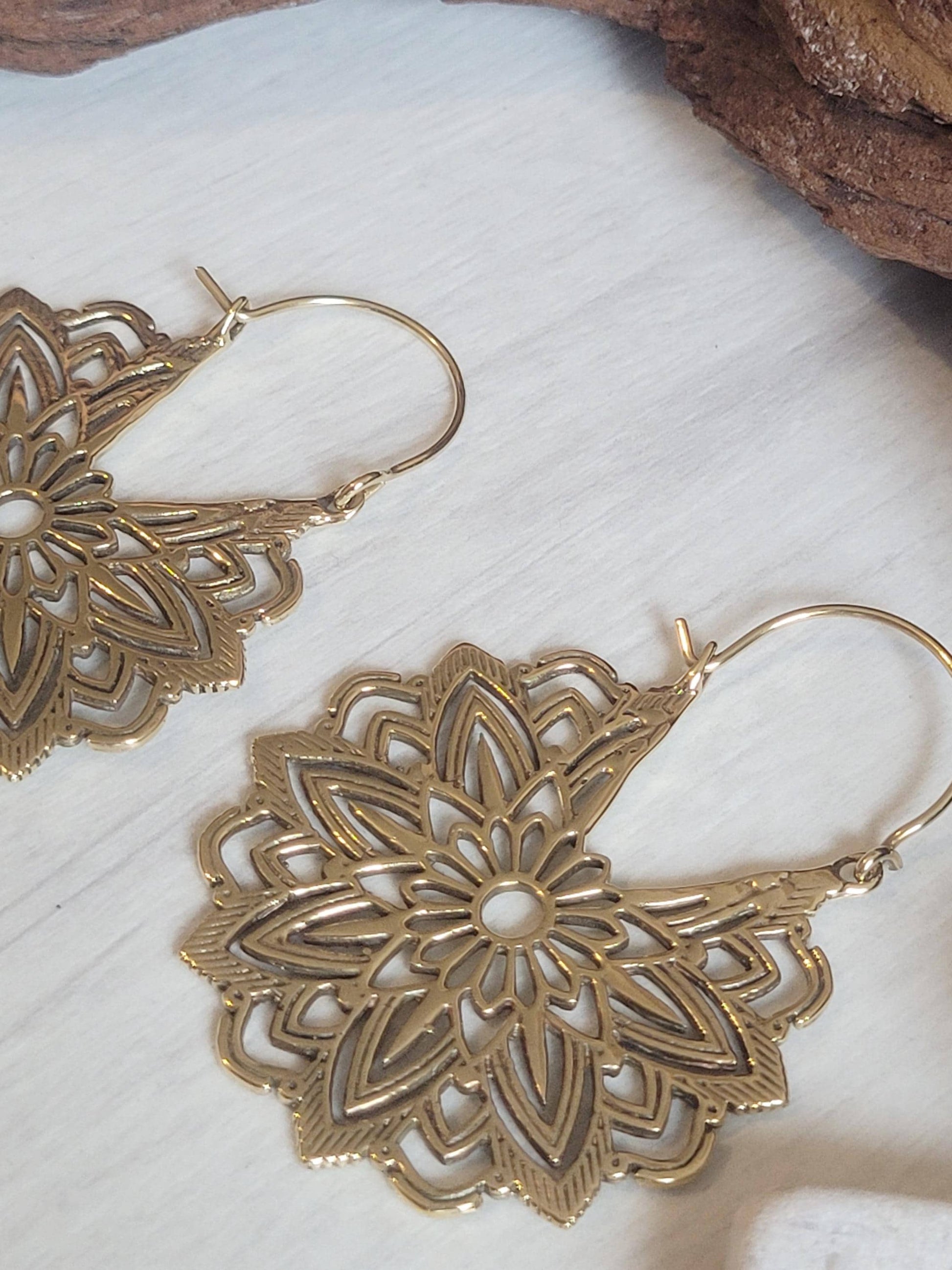 Gold Brass Flower Earrings: Boho Mandala Jewelry / Gift for her