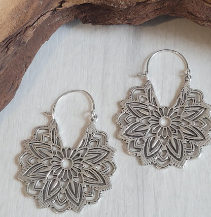 Silver Flower Mandala Earrings: Boho Floral Jewelry / Gift for her