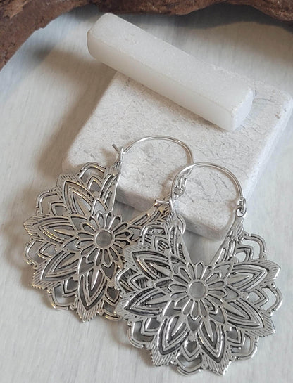 Silver Flower Mandala Earrings: Boho Floral Jewelry / Gift for her