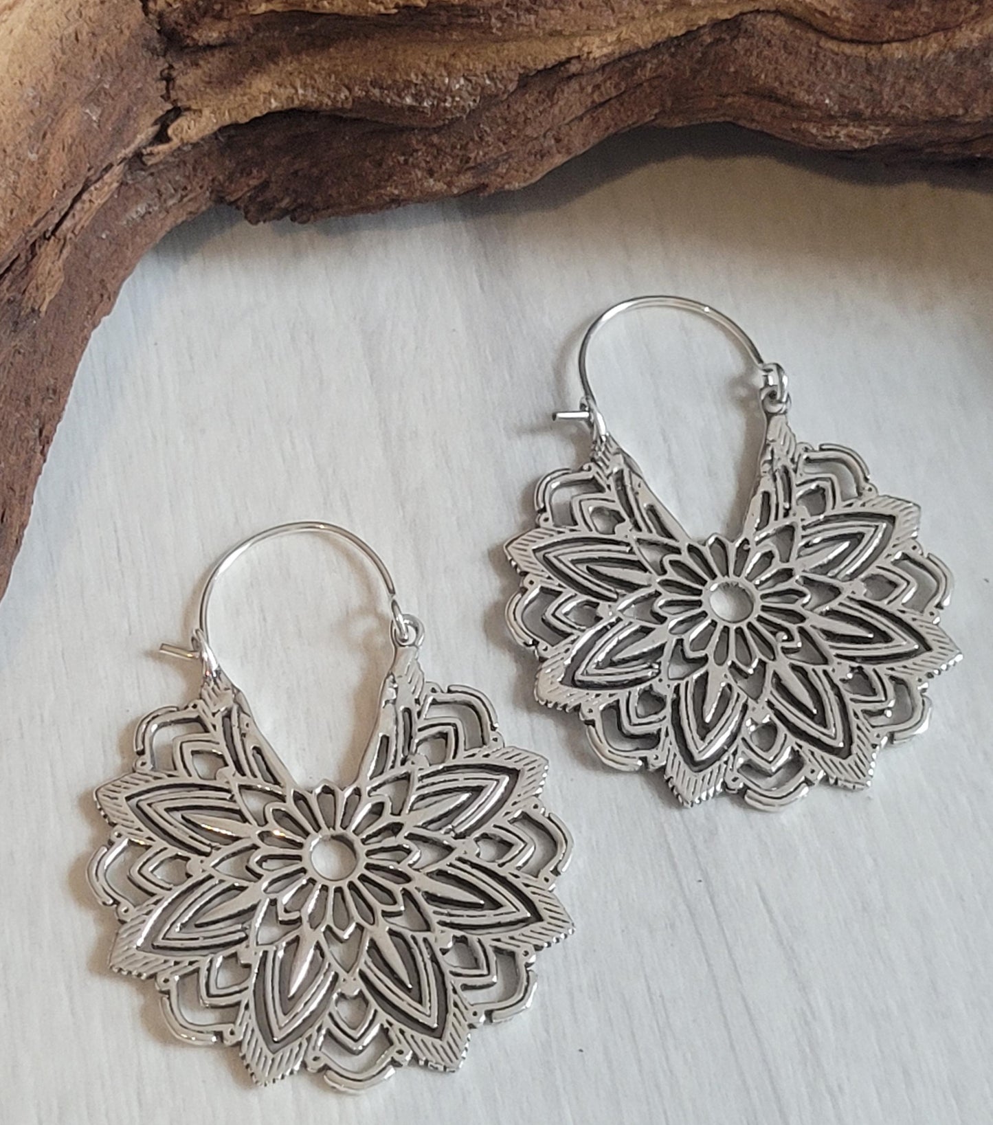 Silver Flower Mandala Earrings: Boho Floral Jewelry / Gift for her