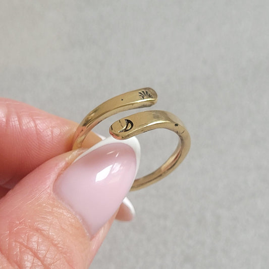 Brass Adjustable Ring: Moon & Sunshine Design - Boho Jewelry