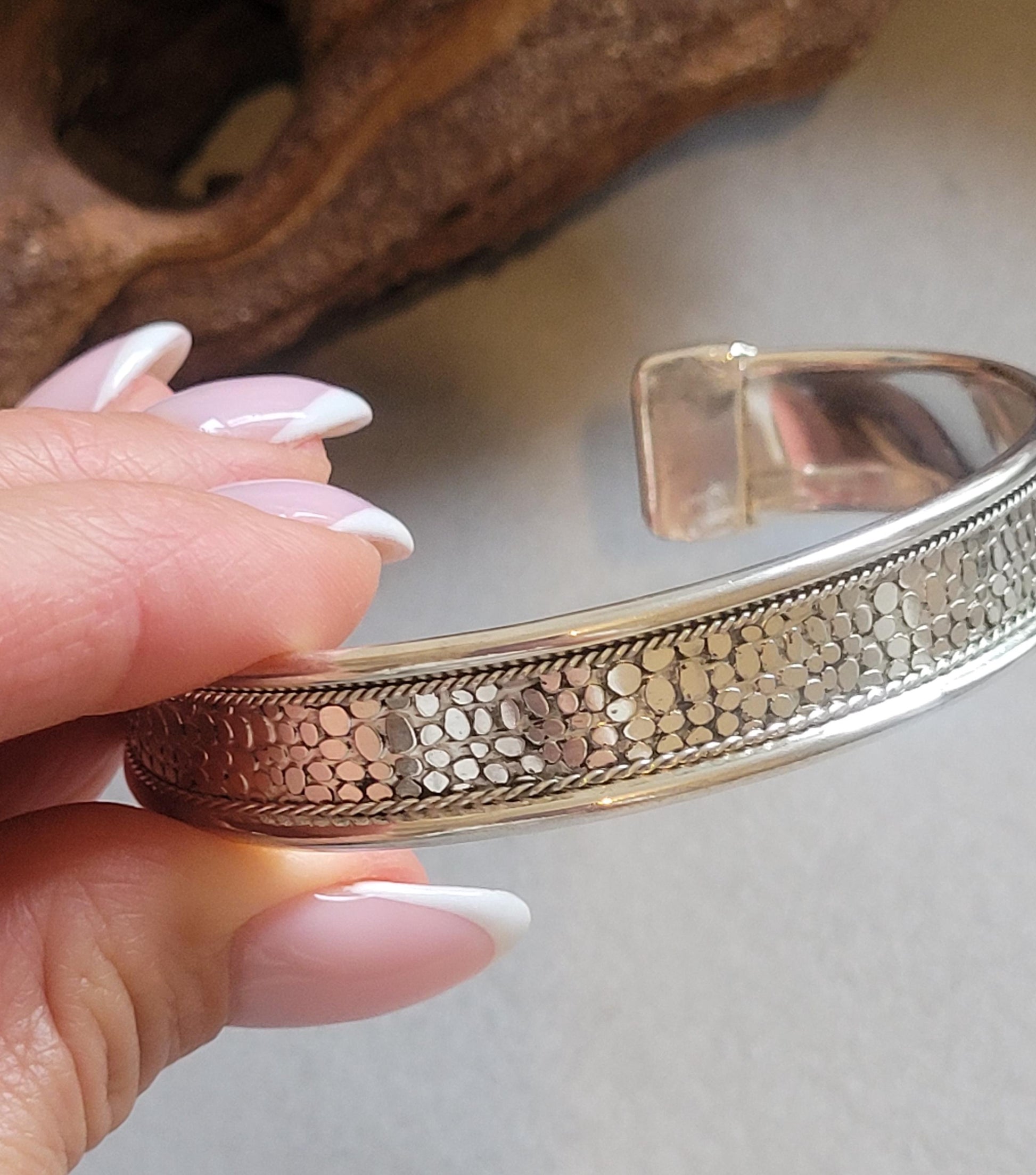 Detailed Silver Cuff Bracelet: Adjustable Ethnic Bangle