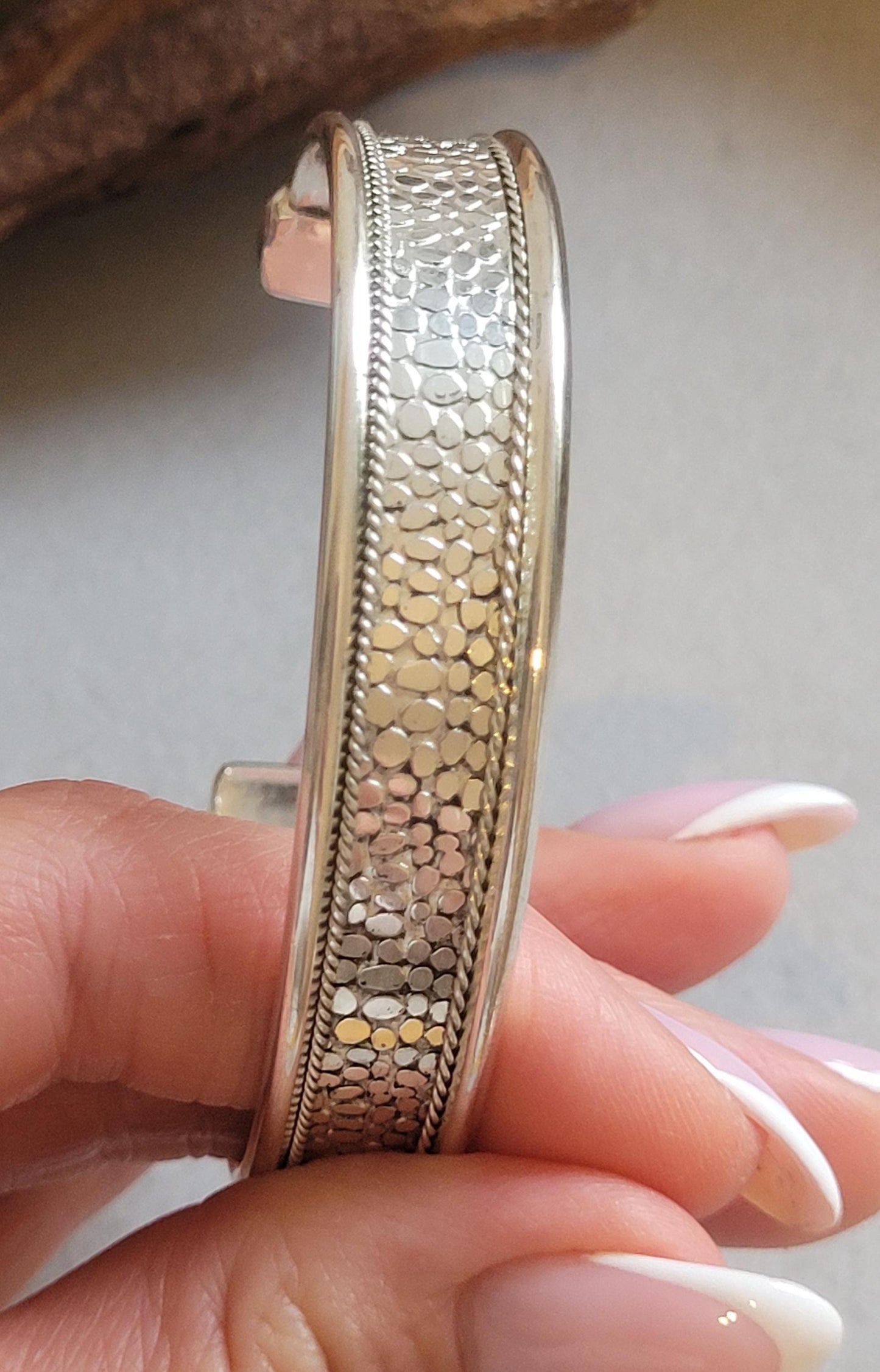 Detailed Silver Cuff Bracelet: Adjustable Ethnic Bangle