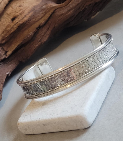 Detailed Silver Cuff Bracelet: Adjustable Ethnic Bangle