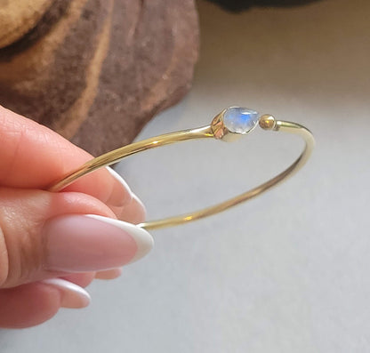 Brass Bangle with Labradorite: Adjustable Minimalist Gold Bracelet