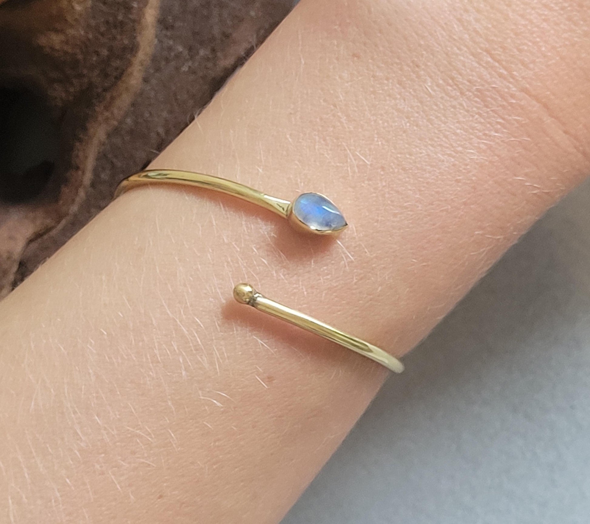 Brass Bangle with Labradorite: Adjustable Minimalist Gold Bracelet