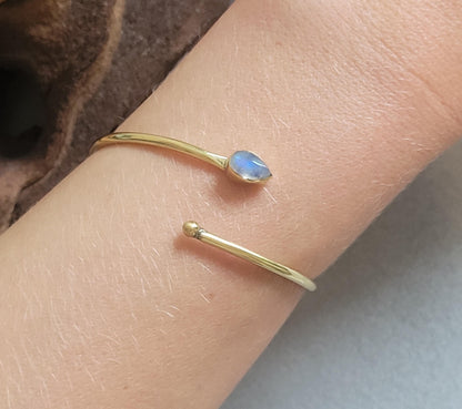 Brass Bangle with Labradorite: Adjustable Minimalist Gold Bracelet