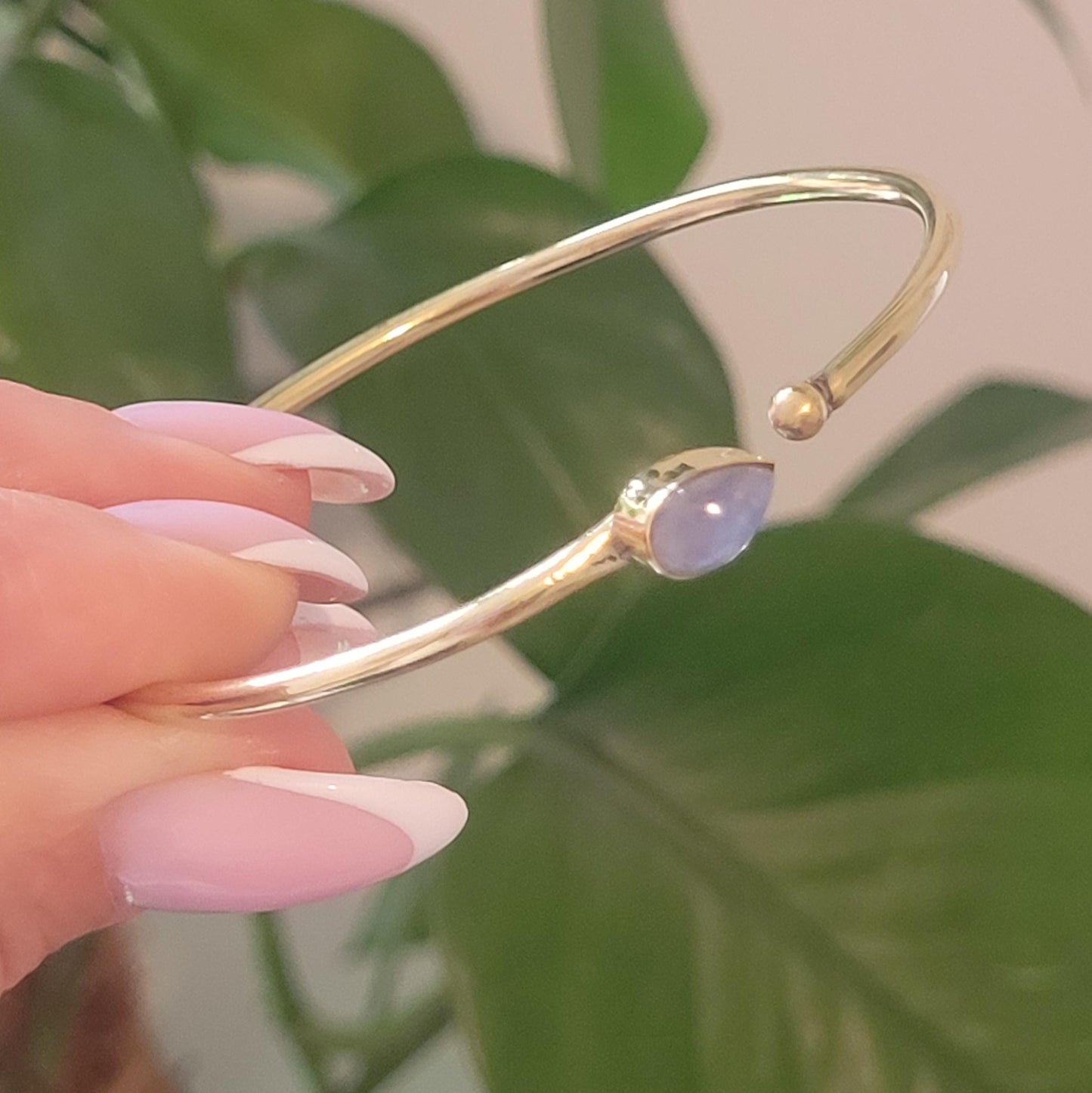 Brass Bangle with Labradorite: Adjustable Minimalist Gold Bracelet