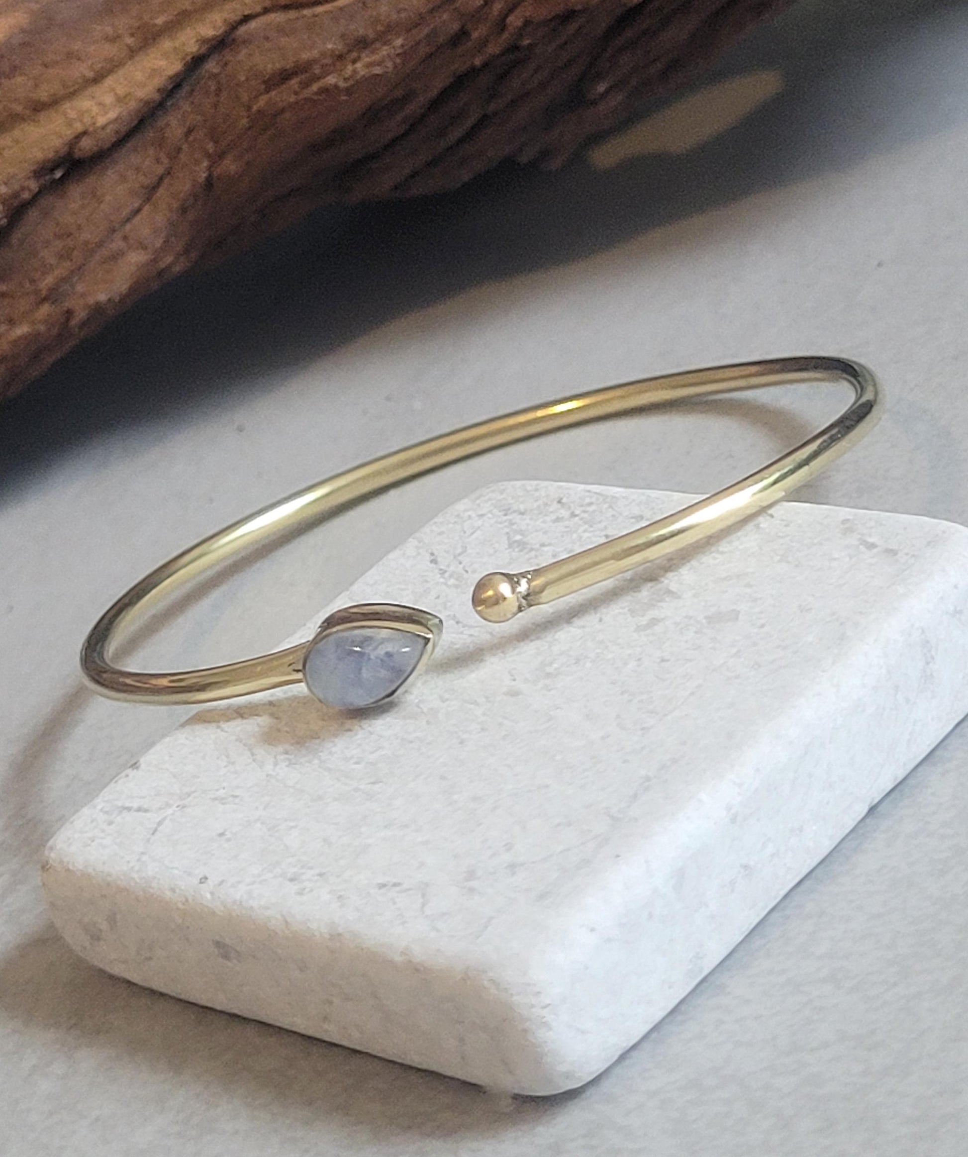 Brass Bangle with Labradorite: Adjustable Minimalist Gold Bracelet