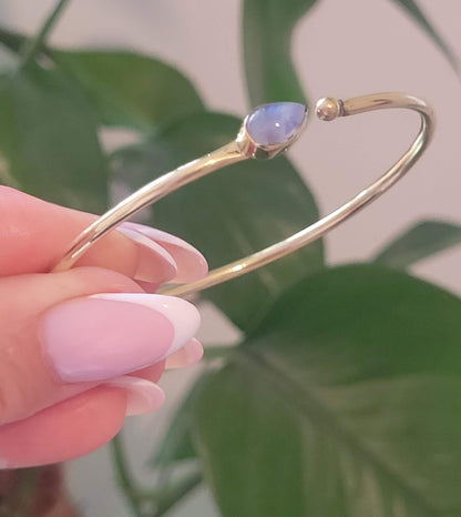 Brass Bangle with Labradorite: Adjustable Minimalist Gold Bracelet