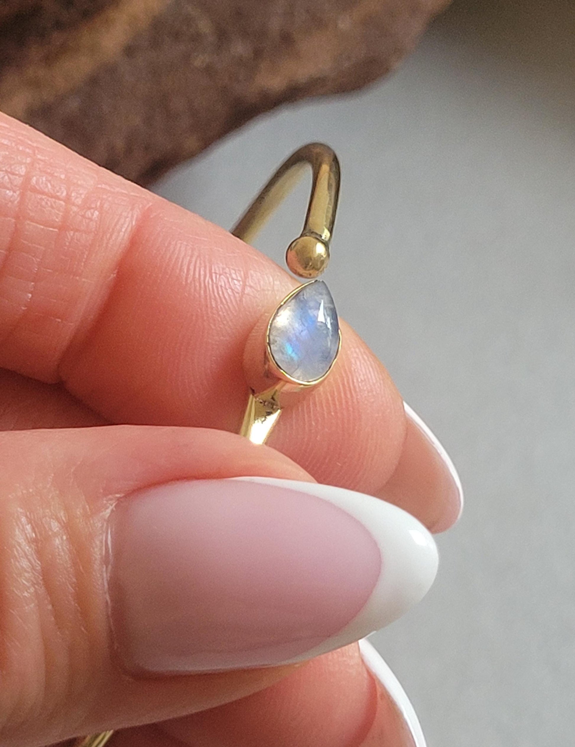 Brass Bangle with Labradorite: Adjustable Minimalist Gold Bracelet