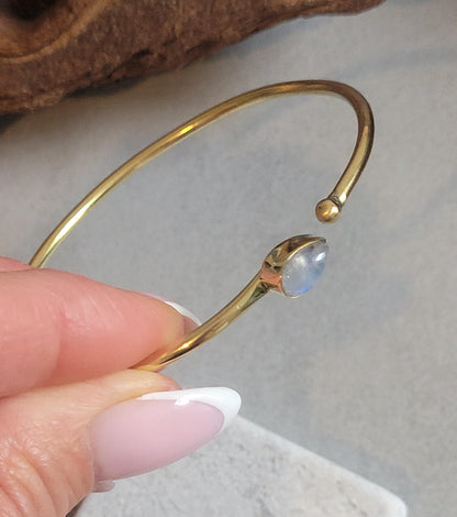 Brass Bangle with Labradorite: Adjustable Minimalist Gold Bracelet