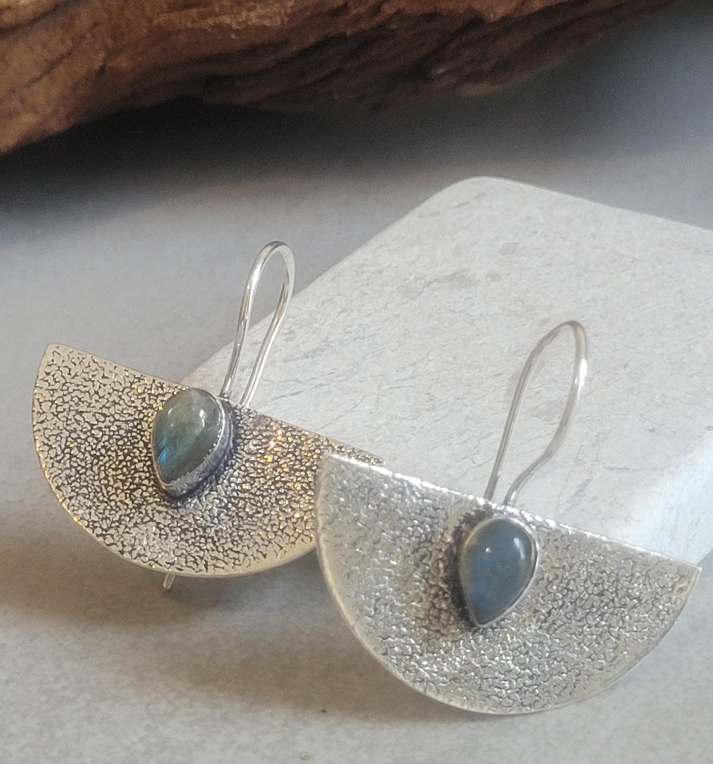 Hammered Silver Earrings: Labradorite Stone, Boho Bohemian Jewelry