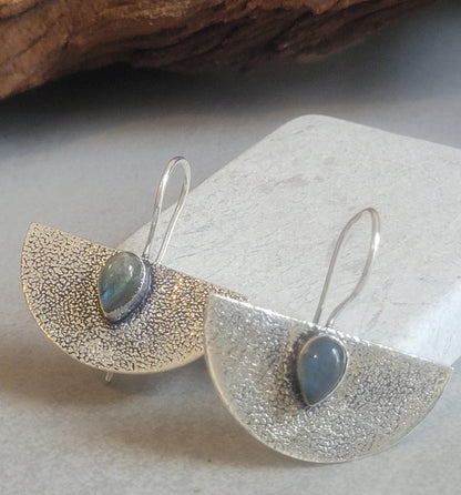 Hammered Silver Earrings: Labradorite Stone, Boho Bohemian Jewelry