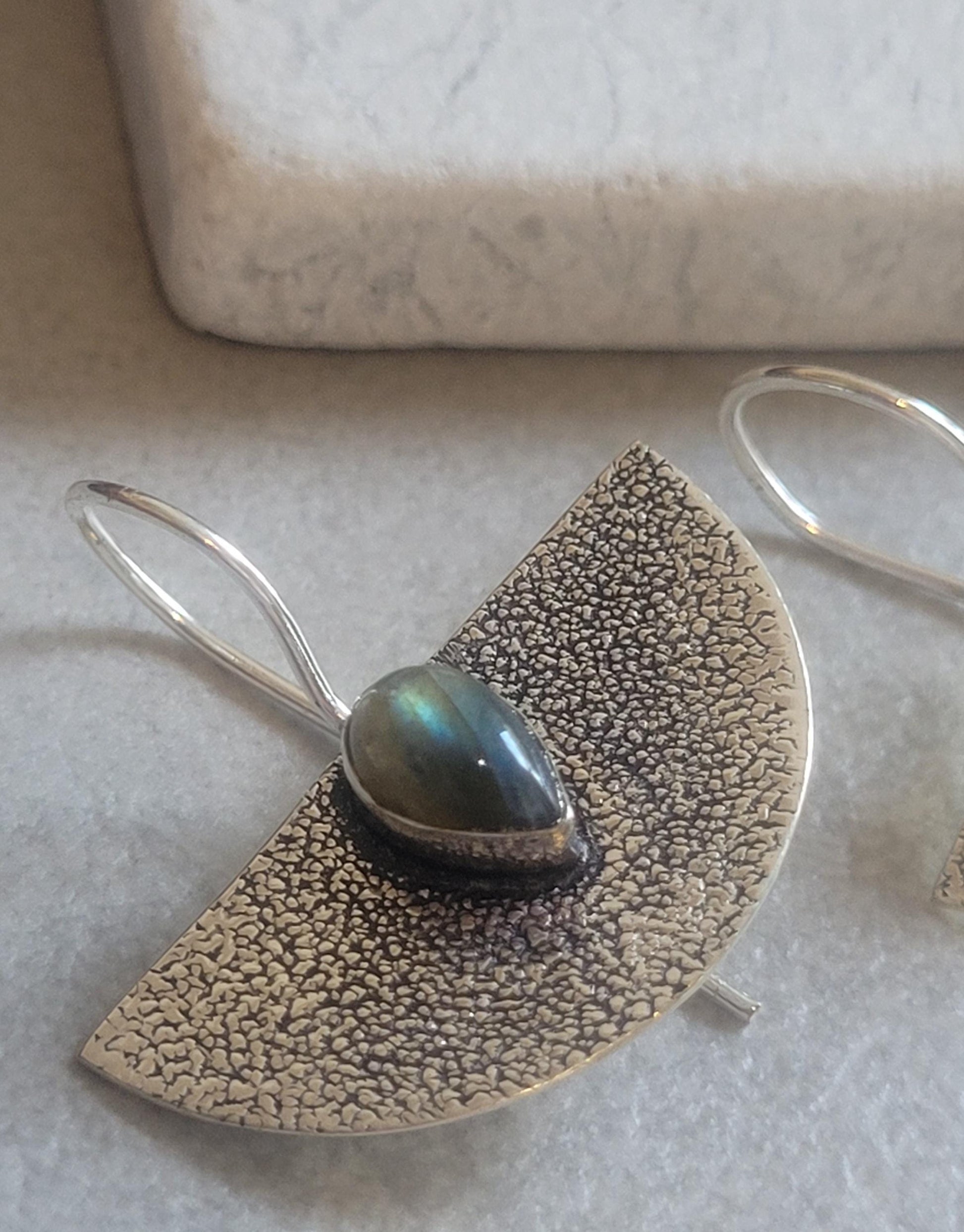Hammered Silver Earrings: Labradorite Stone, Boho Bohemian Jewelry
