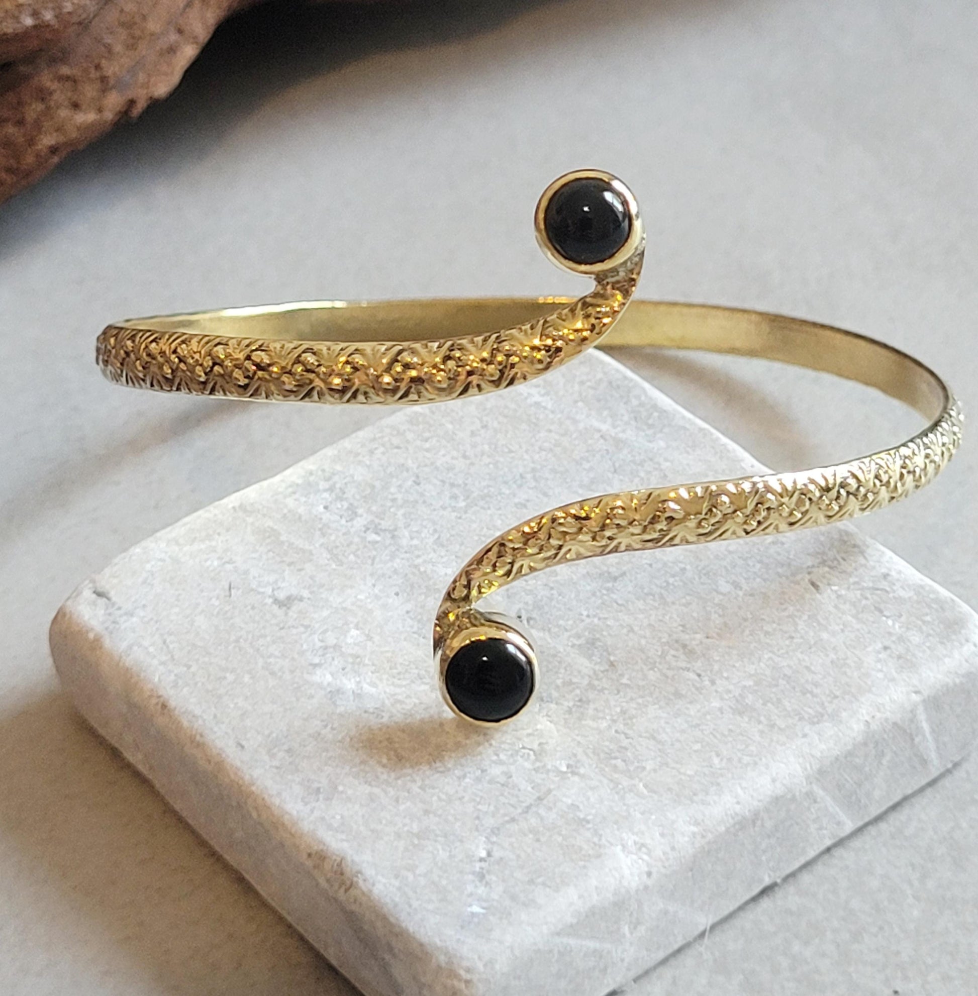 Brass Double Stone Cuff Bracelet: Elegant Minimalist Statement Jewelry
