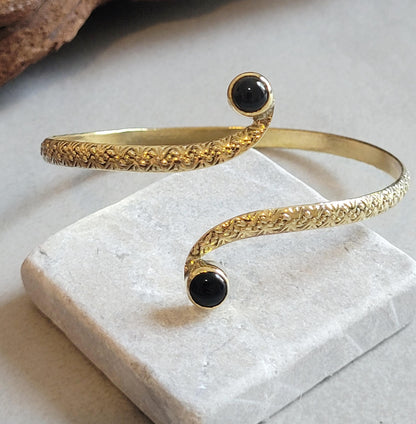 Brass Double Stone Cuff Bracelet: Elegant Minimalist Statement Jewelry