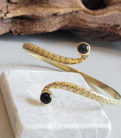 Brass Double Stone Cuff Bracelet: Elegant Minimalist Statement Jewelry