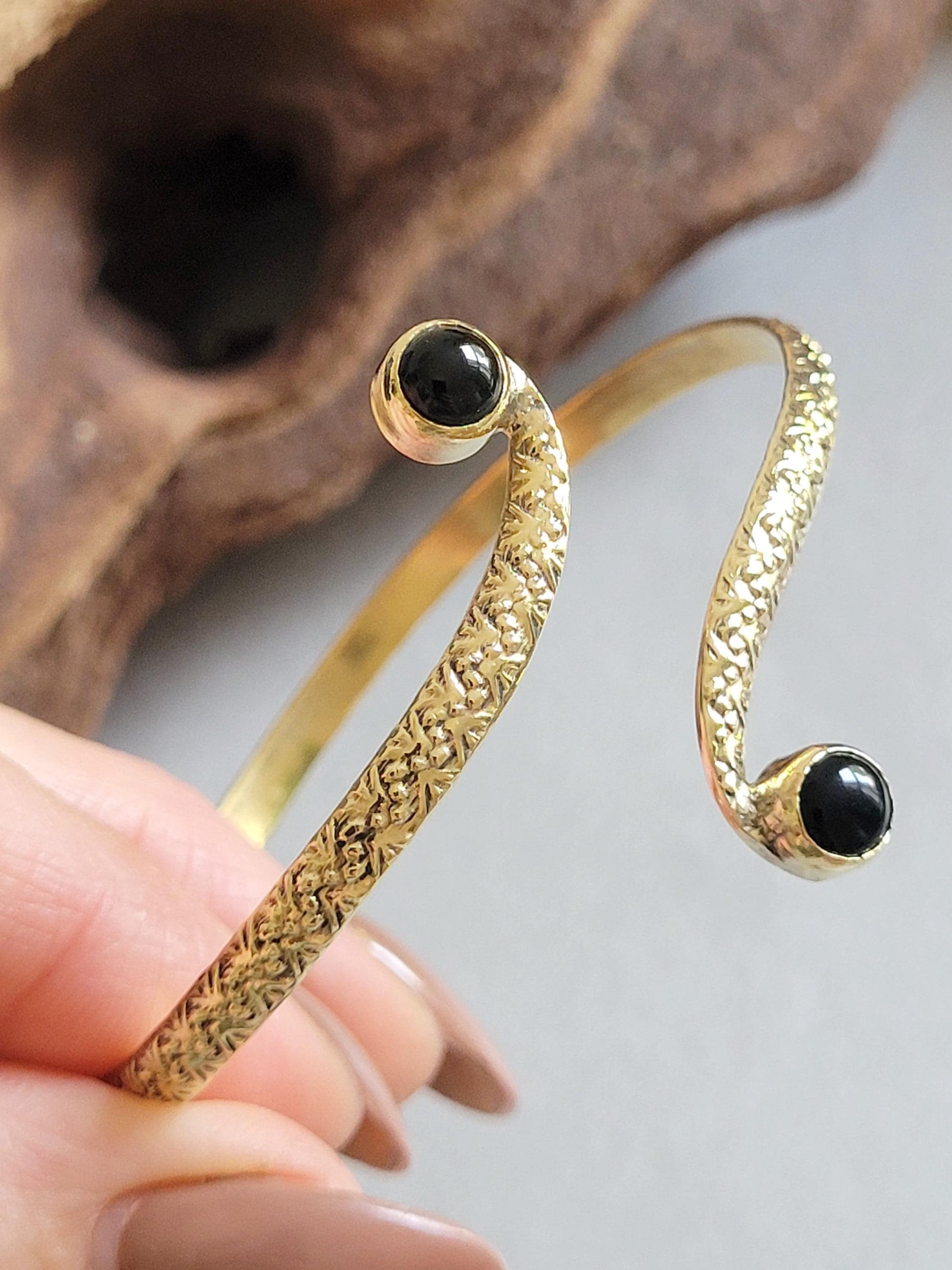 Brass Double Stone Cuff Bracelet: Elegant Minimalist Statement Jewelry