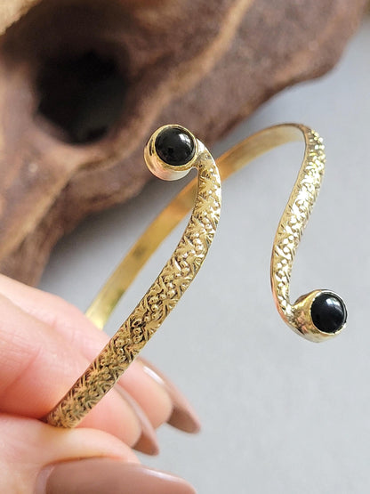 Brass Double Stone Cuff Bracelet: Elegant Minimalist Statement Jewelry