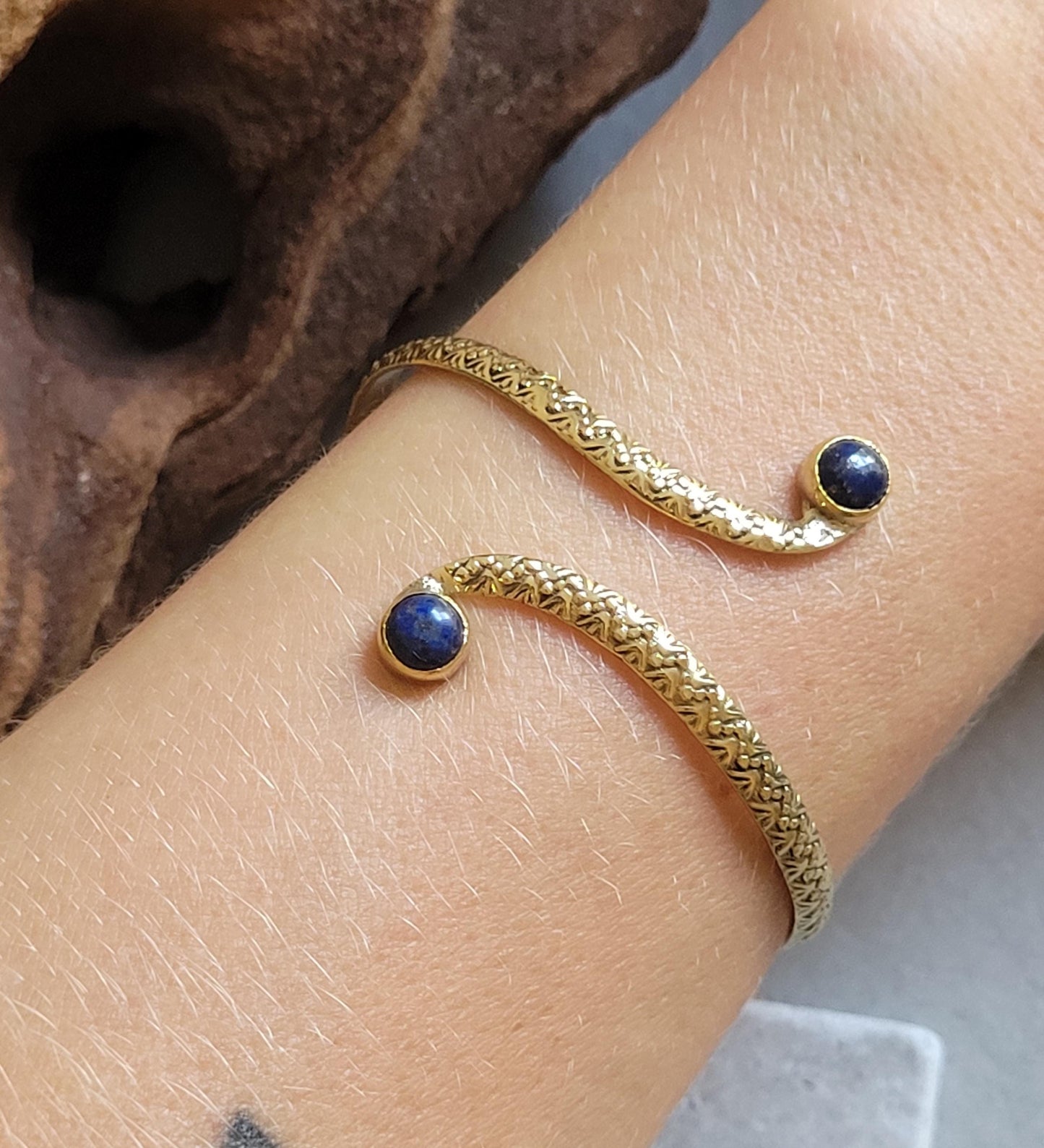 Brass Double Stone Cuff Bracelet: Elegant Minimalist Statement Jewelry