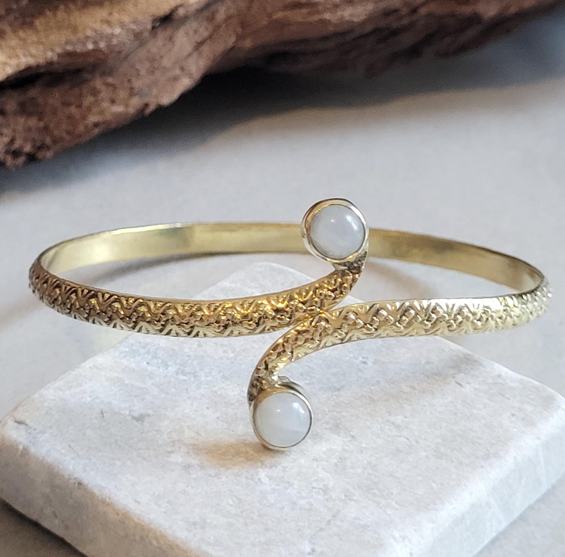 Brass Double Stone Cuff Bracelet: Elegant Minimalist Statement Jewelry