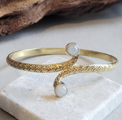Brass Double Stone Cuff Bracelet: Elegant Minimalist Statement Jewelry