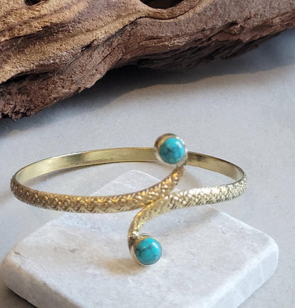 Brass Double Stone Cuff Bracelet: Elegant Minimalist Statement Jewelry