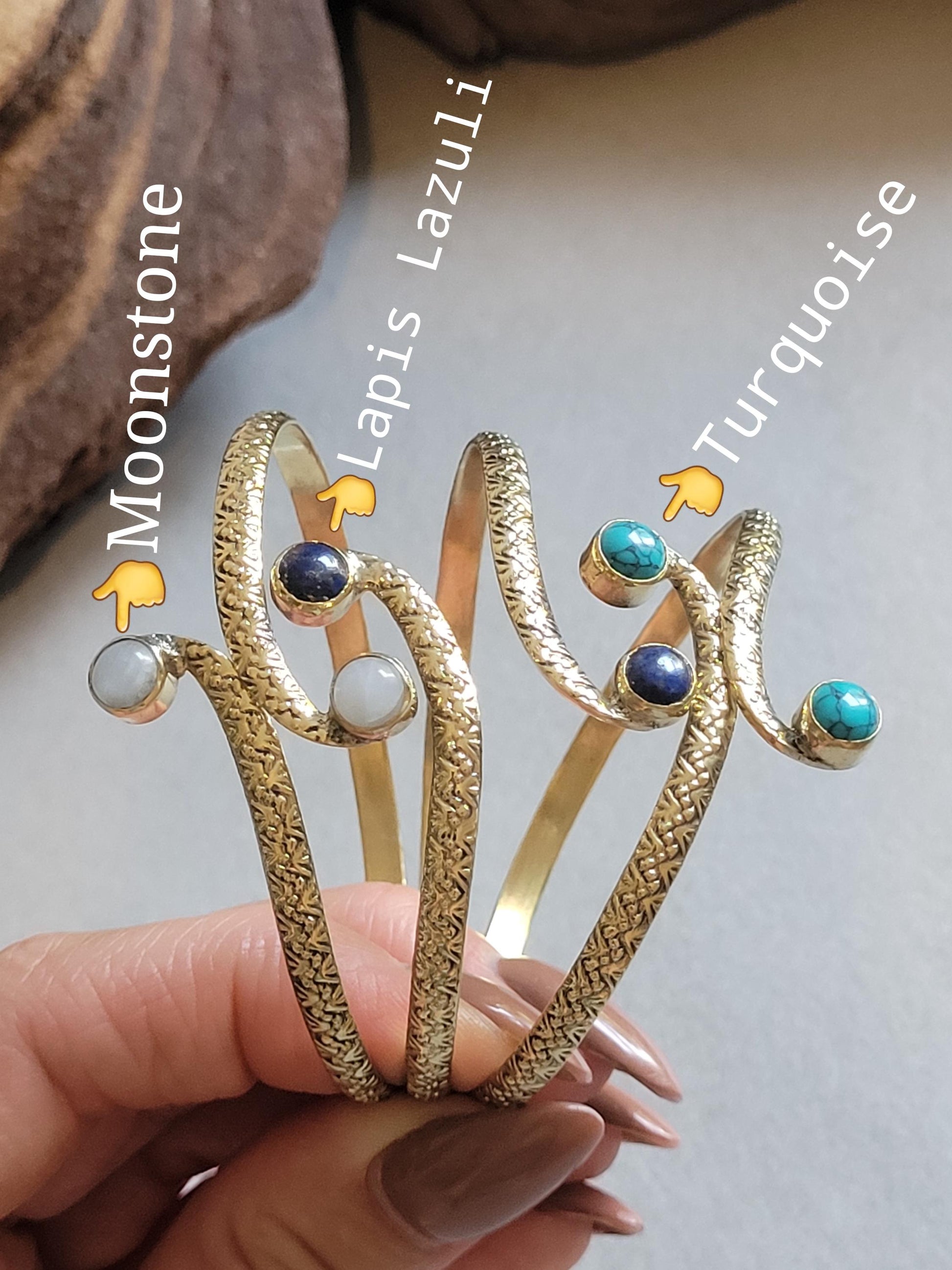 Brass Double Stone Cuff Bracelet: Elegant Minimalist Statement Jewelry
