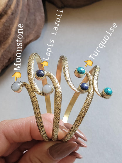 Brass Double Stone Cuff Bracelet: Elegant Minimalist Statement Jewelry
