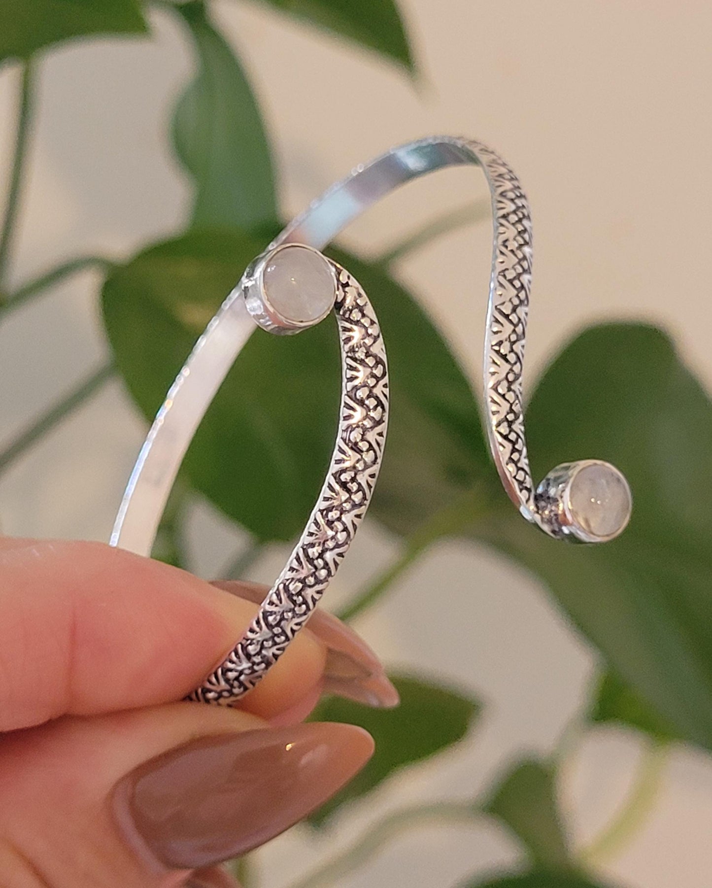 Silver Double Stone Cuff Bracelet: Elegant Minimalist Jewelry