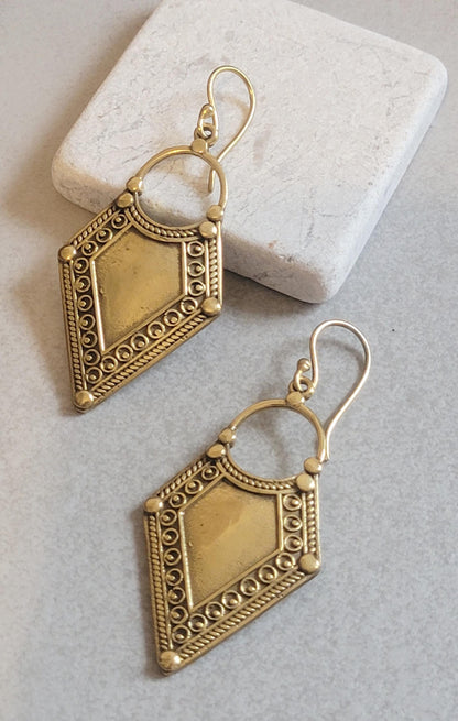 Golden Dangle earrings / Diamond shape earrings / Bohemian / Boho / Ethnic / Pretty / Brass jewellery / Gift idea