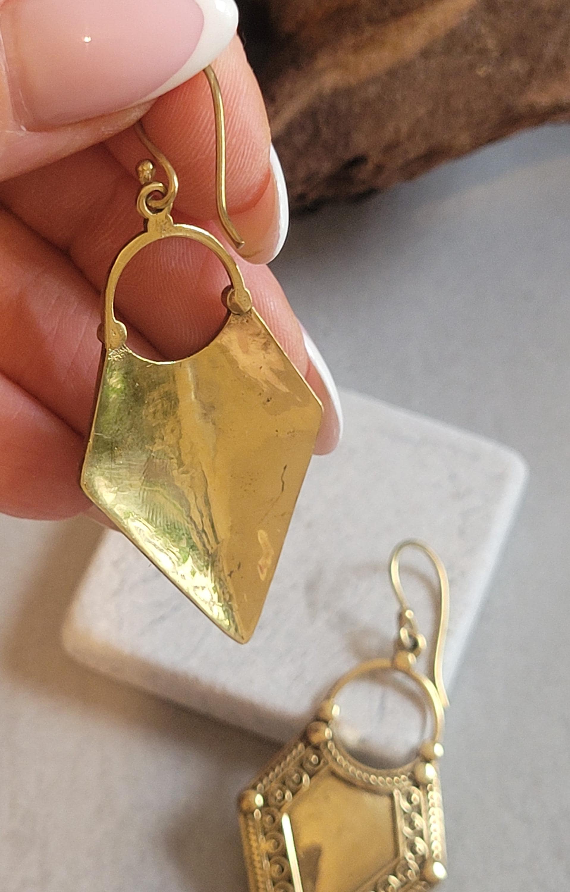 Golden Dangle earrings / Diamond shape earrings / Bohemian / Boho / Ethnic / Pretty / Brass jewellery / Gift idea