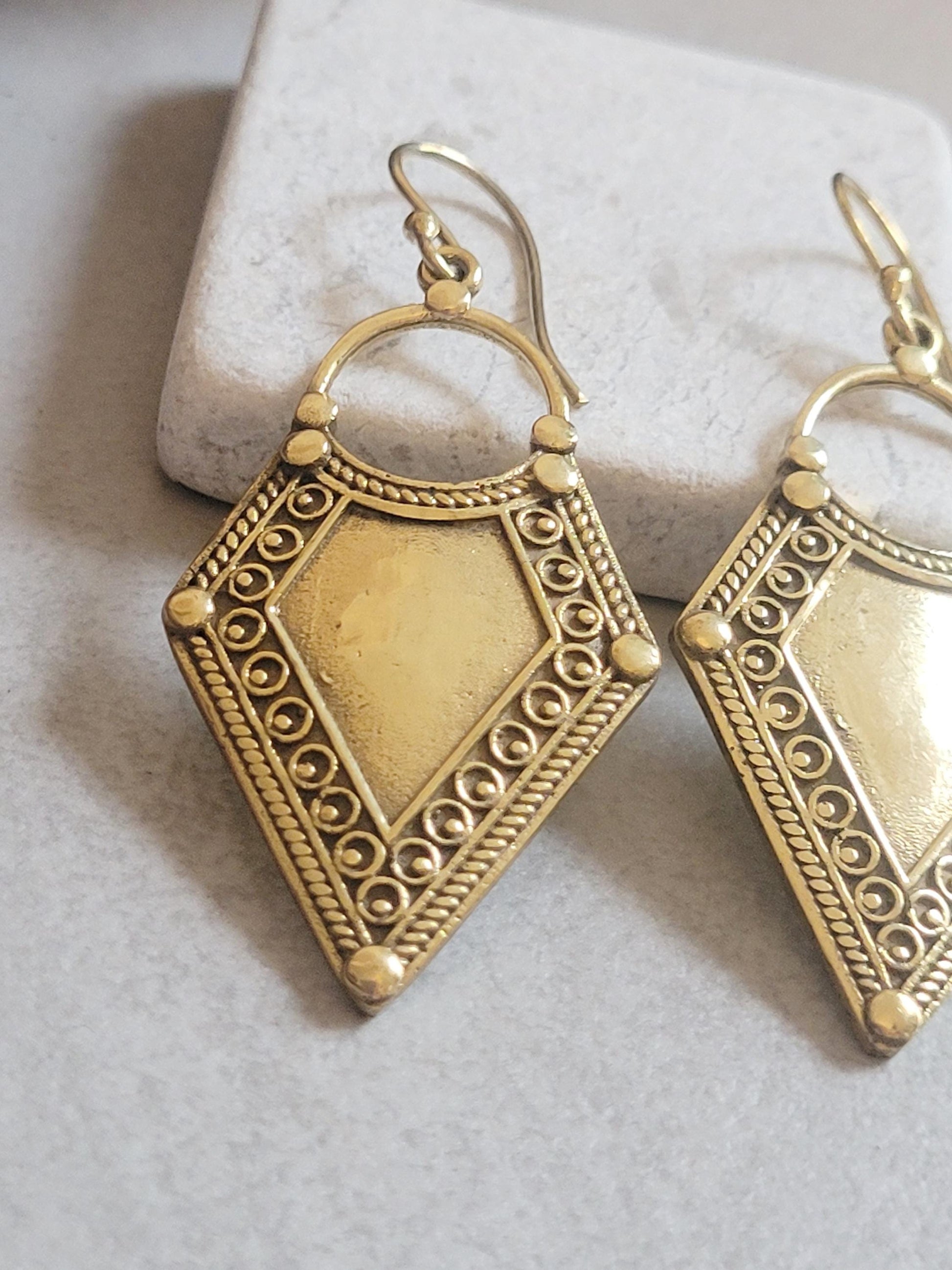 Golden Dangle earrings / Diamond shape earrings / Bohemian / Boho / Ethnic / Pretty / Brass jewellery / Gift idea