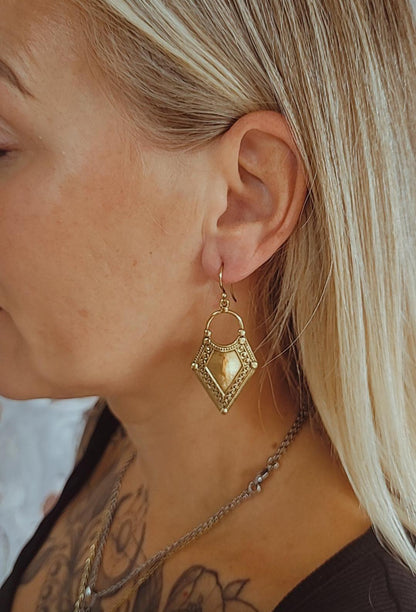 Golden Dangle earrings / Diamond shape earrings / Bohemian / Boho / Ethnic / Pretty / Brass jewellery / Gift idea