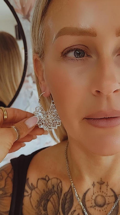 Silver Flower Mandala Earrings: Boho Floral Jewelry / Gift for her