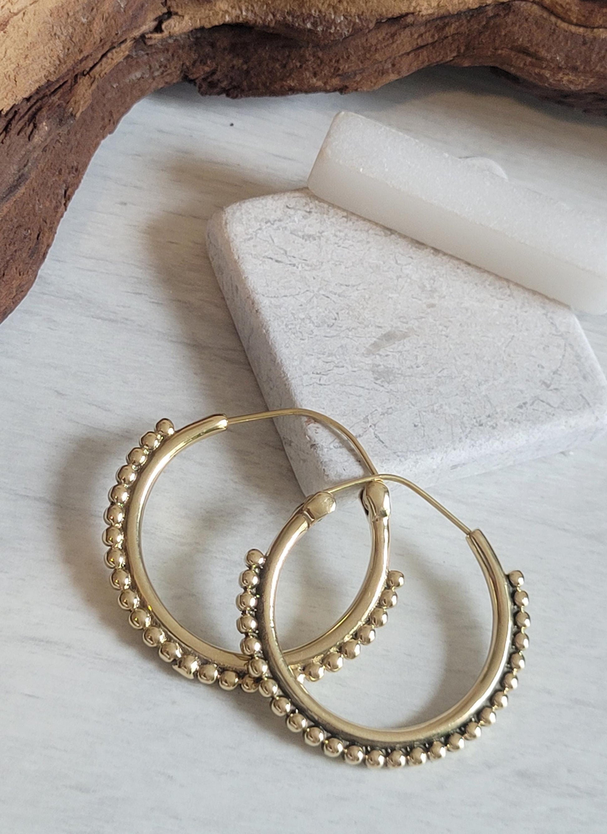 Golden Brass Hoop Earrings: Ornate Detail, Elegant Everyday Wear