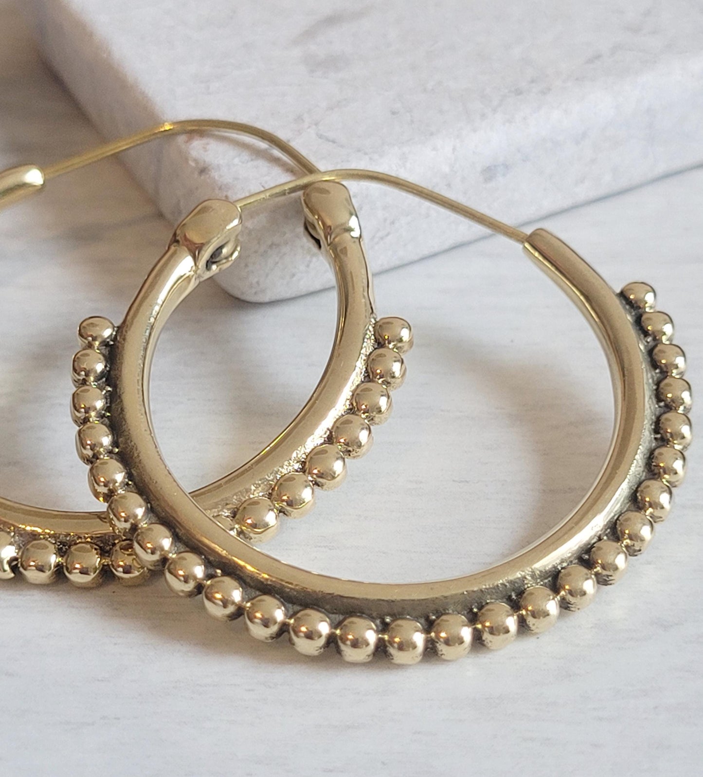 Golden Brass Hoop Earrings: Ornate Detail, Elegant Everyday Wear