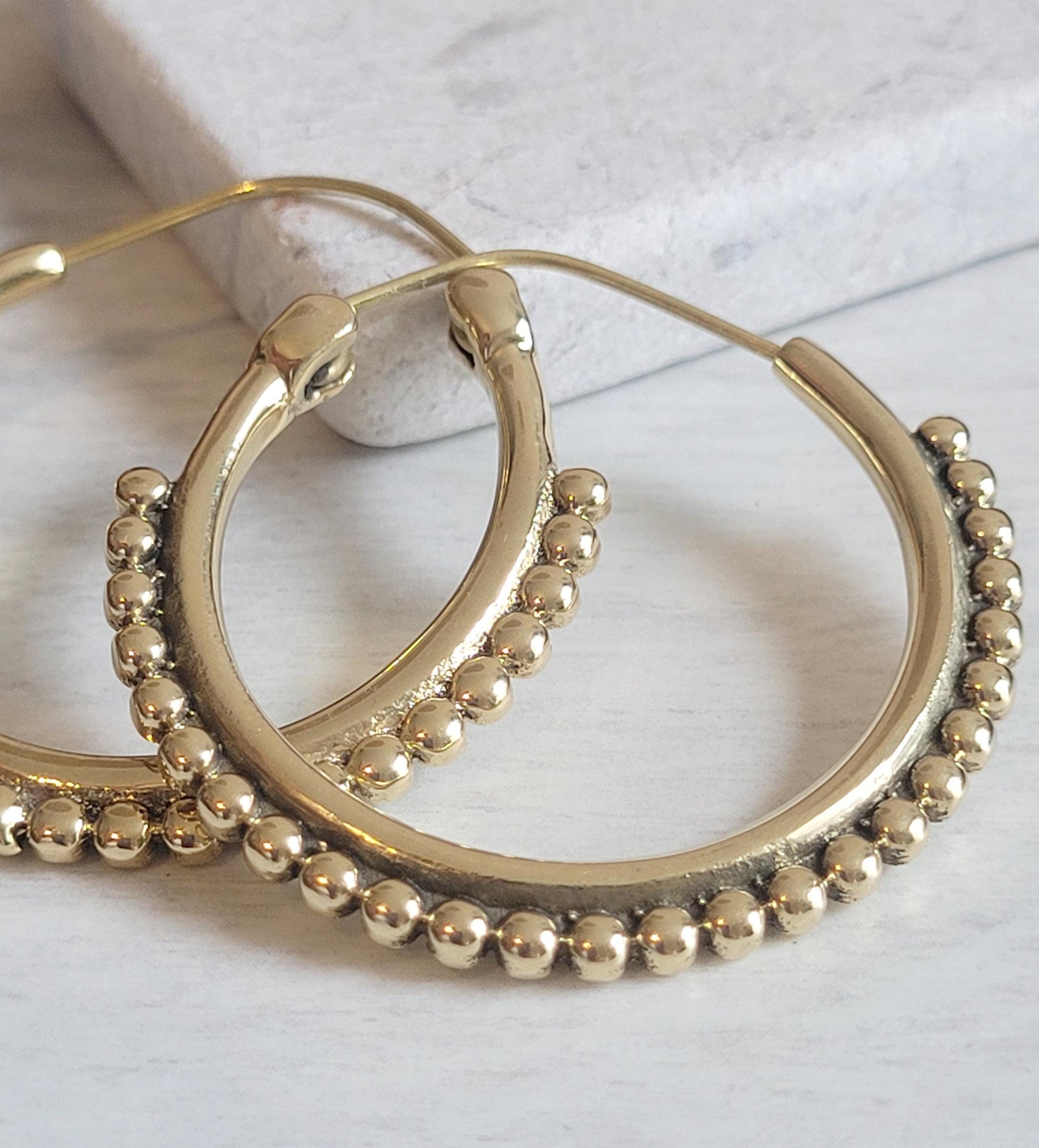 Golden Brass Hoop Earrings: Ornate Detail, Elegant Everyday Wear